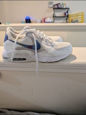 Nike White Air Max Sneakers with Iridescent Blue-Purple Swoosh